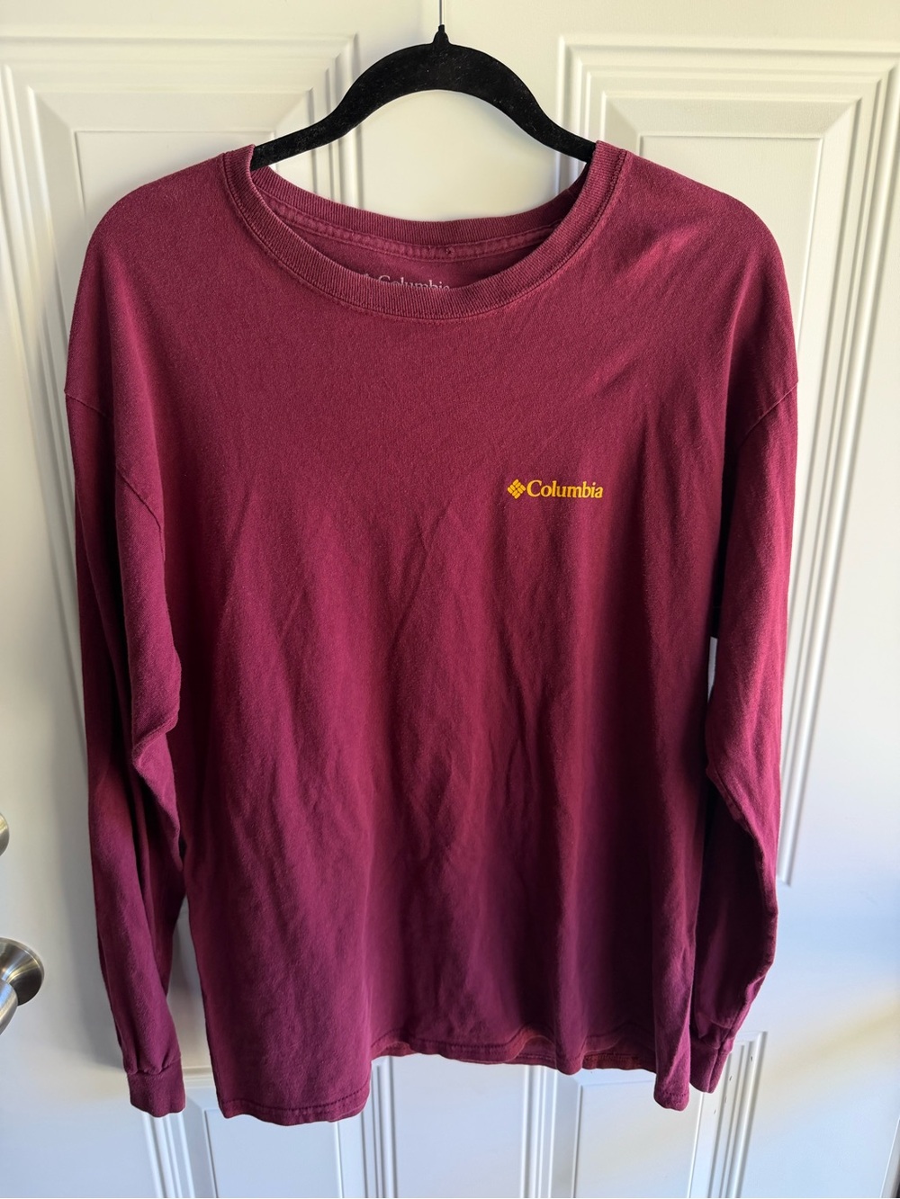 Columbia Men’s Long-Sleeve Crewneck Sweater in Wine with Yellow Logo